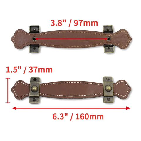 Six Retro Style Leather Furniture Pull Handles Set 6.3 Inch Length for Drawers Cabinets and PU Suitcases Brown with dimensions