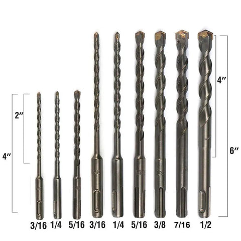 25 Pack 3/16 Inch By 6 Inch SDS Plus Masonry Drill Bit Set With Carbide Tipped Bits For Hammer Drills, displayed in varying sizes.