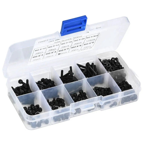 M2.5 Hex Socket Head Cap Screws And Nuts Kit 300 Pieces 12.9 Grade Black Alloy Steel in a plastic organizer box