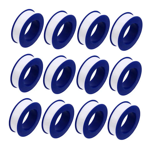 30 Pack High Temp PTFE Plumber Tape That Seals Leaks Like A Boss For Everyday DIY Home Plumbing Leaks And Airtight Seals Non Flammable Tape For Faucets And Pipe Fittings, shown in rolls with blue reels.