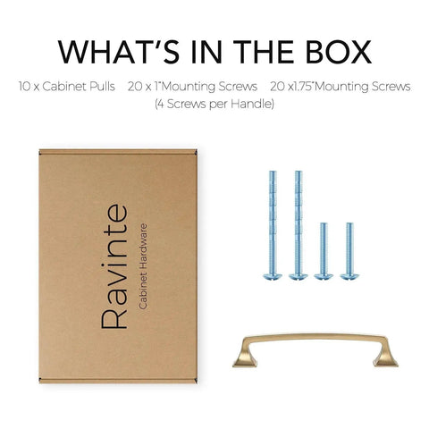 Box contents of 10 Pack Solid 5 Inch Square Foot Arch Cabinet Pulls In Champagne Bronze with screws and hardware.
