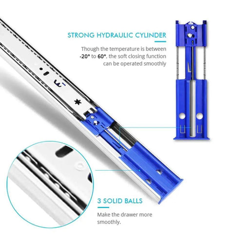 10 Pairs Of Twenty Inch Hardware Three Section Soft Close Full Extension Ball Bearing Side Mount Drawer Slides With 100 Pound Capacity And Zinc Plated Finish Includes Mounting Screws For Spare Use Brackets Sold Separately. Close-up view of blue hydraulic cylinder and solid ball bearings.