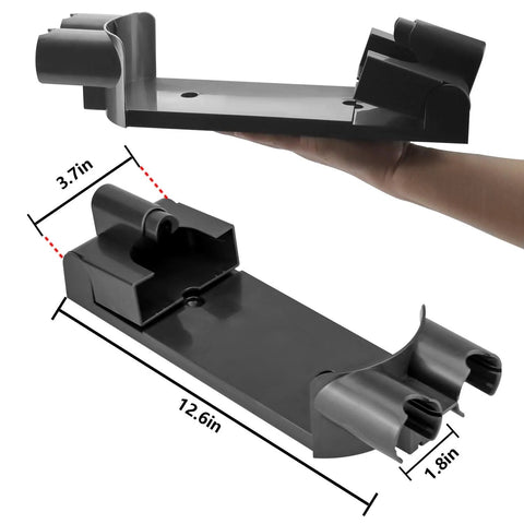 Docking station wall mount for Dyson V7/V8 cordless vacuum; black plastic, 12.6in long base with cradle supports