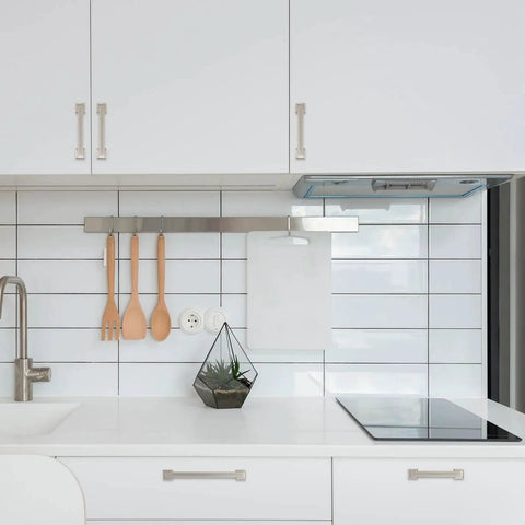 Modern kitchen with 10 Pack 5 Inch Brushed Satin Nickel Cabinet Handles For Kitchen Cabinets Durable Pulls And Door Handles installed.