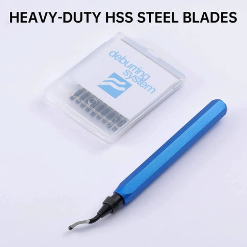 Deburring Tool Kit With 2 Pro Grade Deburring Tools And 10 Replacement BS1010 High Speed Steel Blades For Metal Resin PVC Copper Plastic Pipes And 3D Printed Edges Plumbing Burr Removal Reamer Set In Silvery Blue shown with blue handle and blade case