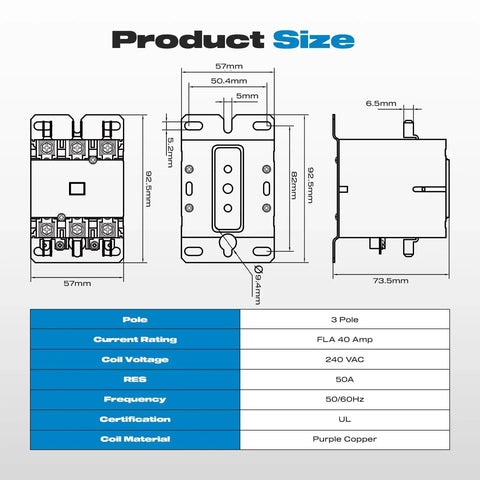 3 Pole 40 Amp AC Contactor For Outdoor HVAC Units 240V Coil UL Listed 50 60Hz, product dimensions and specifications diagram