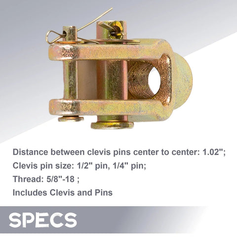 Double Pinned Slack Adjuster Clevis Pin Kit With 5/8-18 Threaded Pins For Air Brake Chambers, showing clevis and pin specifications