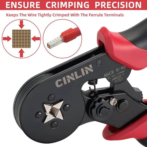 Close-up of Pro Grade Heavy Duty Square Ferrule Crimping Tool Kit showing crimp surfaces and cutting edge, for precise wiring work.