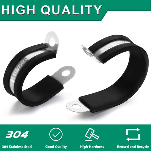 Half Inch Stainless Steel Rubber Coated Pipe And Wire Clamps Kit, 30 Pieces, Black, 13 Millimeter P Clamps, 304 Stainless Steel With Cushioned Rubber, Insulated Cable Clamps For Home And Industrial Electrical And Plumbing Wiring in packaging.