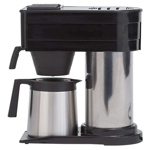 Side view of Speed Brew 10-Cup Home Coffee Brewer With Stainless Steel Hot Water Tank Keeps Water Hot For Quick Brews 70 Oz Capacity Thermal Carafe Black Finish Easy-Access Lid.