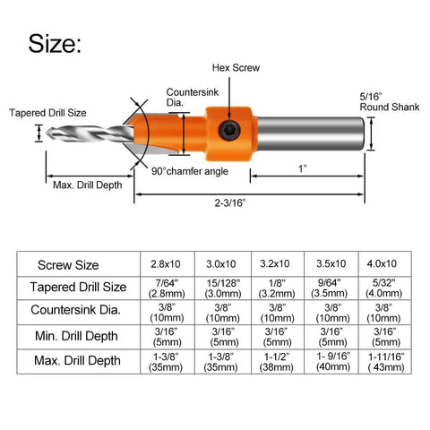 Pro Grade Wood Countersink Drill Bit Set With Ten Pieces And Five Extra Pilot Bits, Tapered Five Sixteenths Round Shank, size chart