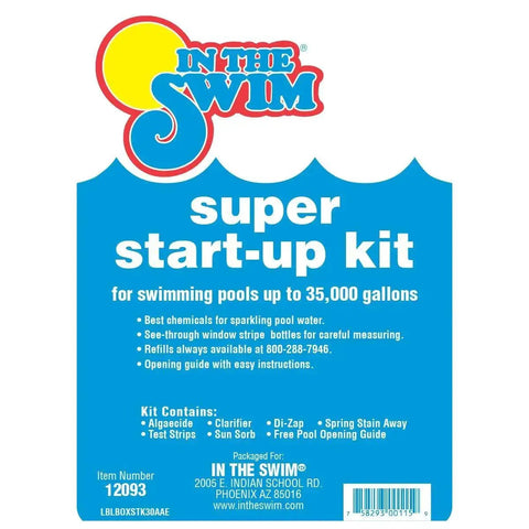 Product packaging of Pre Measured Pool Opening Kit For Up To 35,000 Gallons With Sodium Dichlor Clarifier And Algaecide.