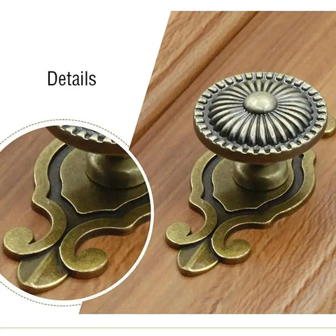 Close-up of Golden Brass Antique Vintage Retro Drawer Cabinet Knobs with Backplates showing zinc alloy and brass finish detail.