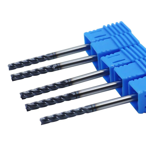 Five Pack One Eighth Inch Solid Carbide Long End Mills, Four Flute, Thirty Degree Helix, AlTiN Coated, in blue holders
