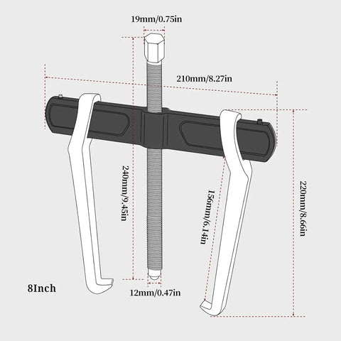 Diagram of 8-Inch 2-Jaw Gear Puller for internal and external removal, showing dimensions and heavy-duty CR-V steel construction.