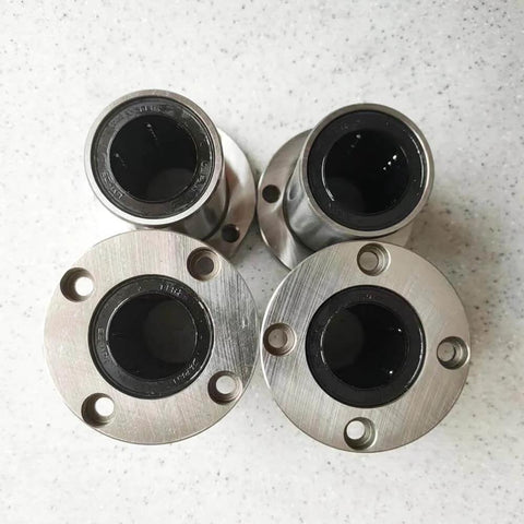 Flanged Linear Bearing Bushing LMF25UU Chrome Steel SAE 52100 With Rubber Sealed Closure, 59mm Length, 4 units displayed.