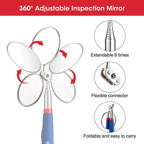 Four Piece Telescoping Magnetic Pick Up Tool Kit With Flexible Grabber A Real Workhorse For Reaching Under Cars Two Magnetic Pick Up Tools 2 Lb And 16 Lb And Four Claw Grabbers Plus Telescoping Inspection Mirror For Auto Repair And Car Maintenance with 360-degree adjustable mirror, extendable handle, flexible connector.