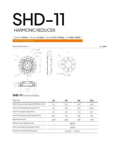 Technical specifications for SHD-11 harmonic reducer, diagram shows 52mm diameter and 13.5mm thickness for robots and automation.