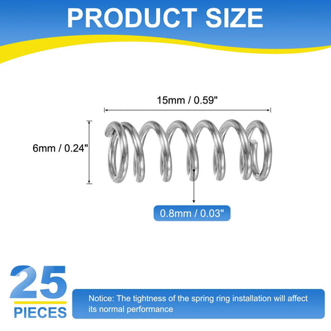 Compression springs, 25 pcs, 304 stainless steel, 6mm OD, 0.8mm wire, 15mm length, silver tone