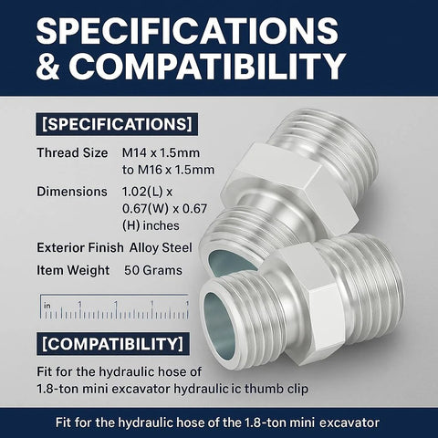 M14-M14 hydraulic hose fittings, alloy steel adapters, 2 pcs for 1.8-ton mini excavator thumb clip