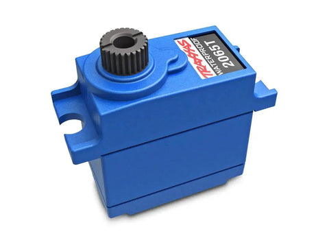 Blue 2065T Sub Micro Waterproof Servo with Metal Main Gear for RC Cars, showing side view and waterproof design.