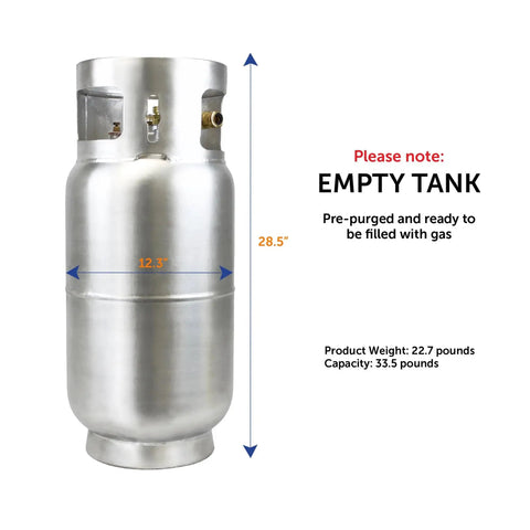 Aluminum 33.5 Lb Forklift Propane Tank With Integrated Gauge Durable Lightweight, shown empty with dimensions and gauge details.