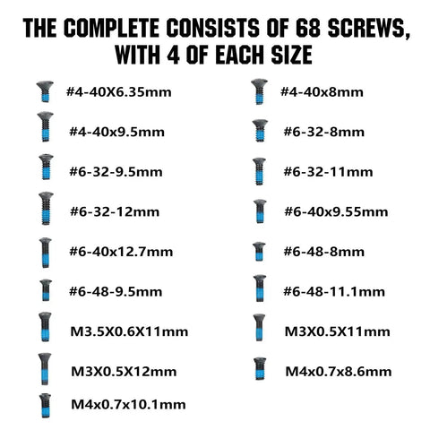 68 Piece Screw Set For Red Dot Sights And Optics Mounts With 17 Screw Types In Inch And Metric Sizes chart