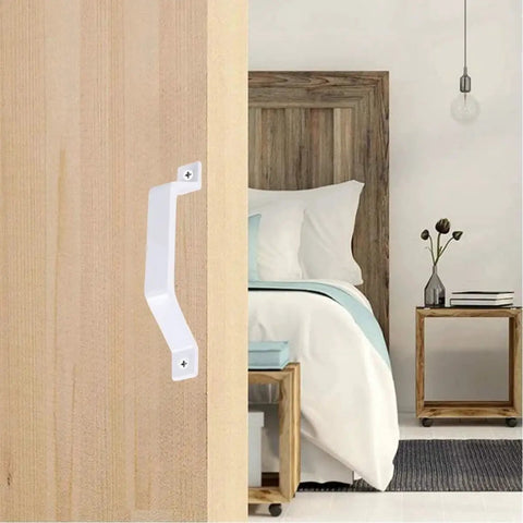 2 Pack Sliding Barn Door Handles In White, 6.1 Inch Long Aluminum Alloy Gate Handles, Installed on Wooden Door in Bedroom