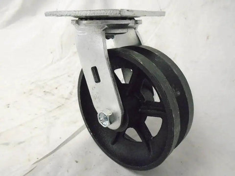 Close-up of 4 Pack Swivel Caster Wheel Set 6x2 Inch With Seven Eighths Inch V Groove Iron Steel Wheels supports 4,000 lbs.