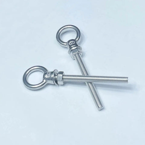 Two stainless steel M8 eyebolts from Six Pack M8 Eyebolts Stainless Steel Heavy Duty Lifting Rings For Swing Tire Chair And Suspension Fittings Outdoor Indoor Anchoring Kit Five Sixteenths Inch By Three And One Eighth Inch, shown side by side on a plain background.