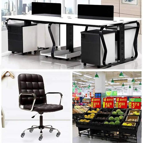 Office desk and chair with Four M8x25mm PU Rotating Caster Set and supermarket display in multiple settings