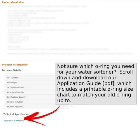 Product information screen with application guide link for O Ring Seal Kit for Water Softeners 7112963 WS35X10001