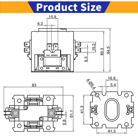 Technical drawing of One Pole 30 Amp 24V Coil Air Conditioner Condenser Contactor with dimensions
