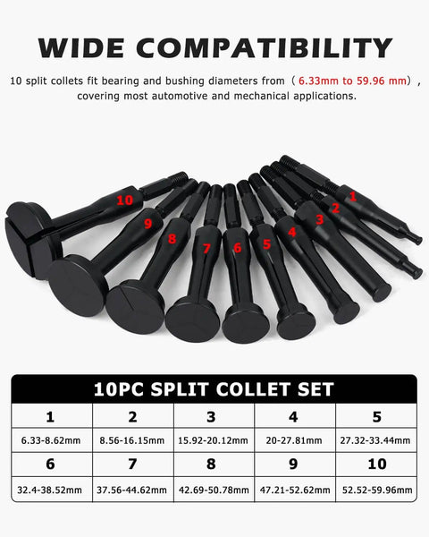 Blind Hole Collet Bearing Puller Set With Slide Hammer 16 Piece Inner Bearing Extractor Kit with 10 split collets from 6.33 to 59.96 mm