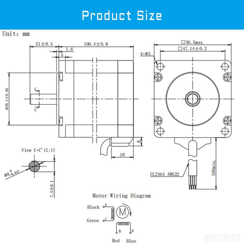 BESJMYT 57 NEMA 23 stepper motor technical drawing showing dimensions and motor wiring diagram