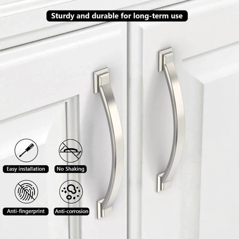 10 Pack Brushed Satin Nickel Cabinet Pulls With 4 Inch Hole Centers Arch Style Handles installed on white cabinet doors.