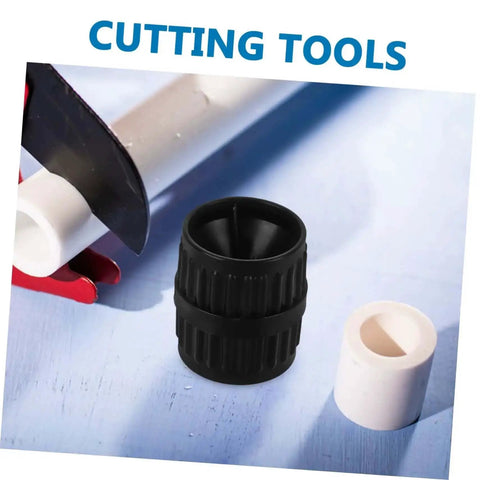Two Pack Tubing Reamer Tool Set for pipes deburring, black and white components, shown near PVC pipe on blue surface
