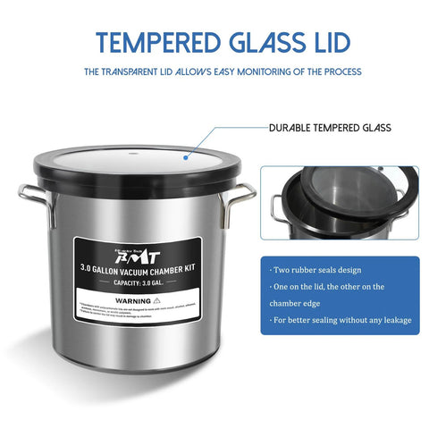3-Gallon vacuum chamber kit with tempered glass lid, stainless steel body and side handles