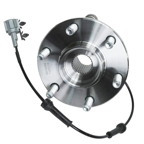 Two Front Wheel Bearing Hubs Assembly Kit Direct Replacement For 2005 Through 2019 Nissan Frontier Pathfinder Xterra And Suzuki Equator 4WD Only Includes Two Front Hubs With Six Bolt ABS Senso Compatible For Front Axle Replacement shown in front view