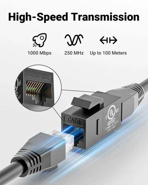High-speed Cat6 RJ45 Keystone Coupler Female To Female Ethernet Jack Kit with UL listed pass-through UTP, black, 25 pack