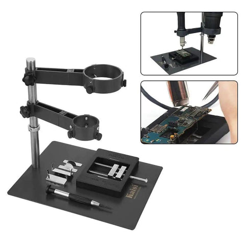 Sturdy Adjustable Hot Air Gun Holder with Cast Aluminum Base Clamp and Two Fixtures for BGA Rework Soldering Station