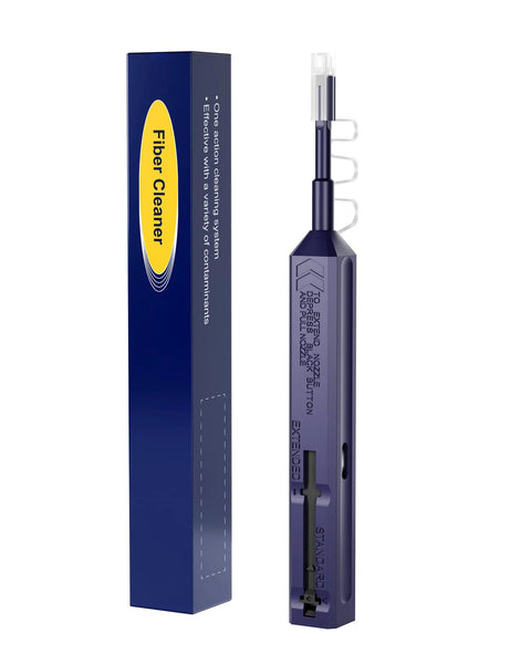 VANDESAIL LC Fiber Cleaner pen in purple with transparent cap beside blue packaging box.