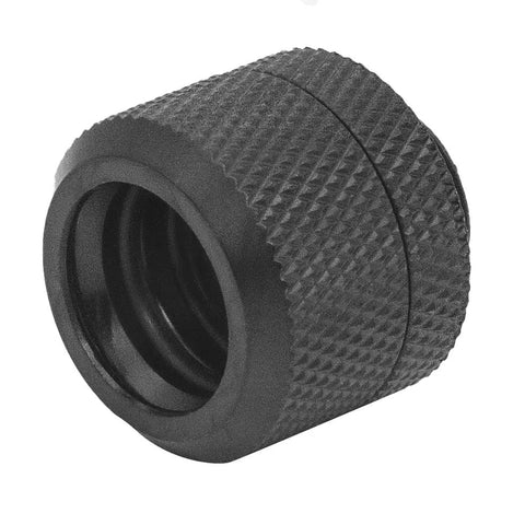 Black G1/4 to 14mm OD hard tubing compression fitting, knurled body, for PC water cooling.