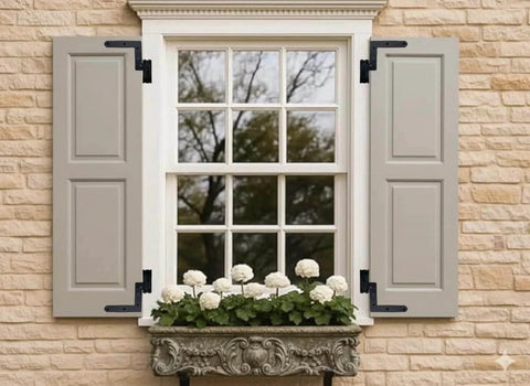 Window with shutters featuring Blind Shutter Hinge for Wood Frame and Brick, steel construction, 2-1/8 inch offset, matte black finish.