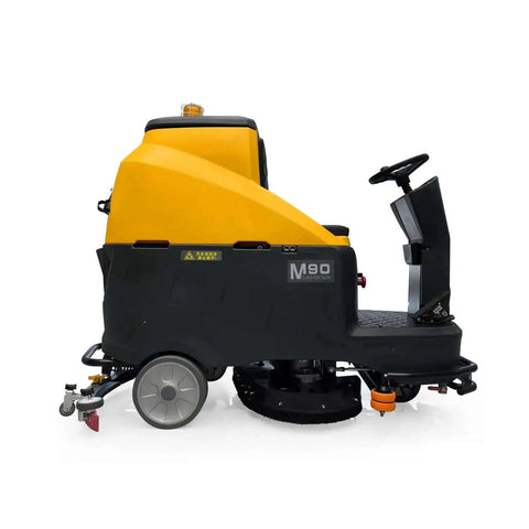 Side view of a Beast Ride On Floor Scrubber For Large Spaces With A 45 Inch Cleaning Path Delivers About 70 000 Sq Ft Per Hour Dual Disc Brush 53 Gallon Water Tank Heavy Duty Floor Cleaning Machine For Warehouses Malls And Industrial Use