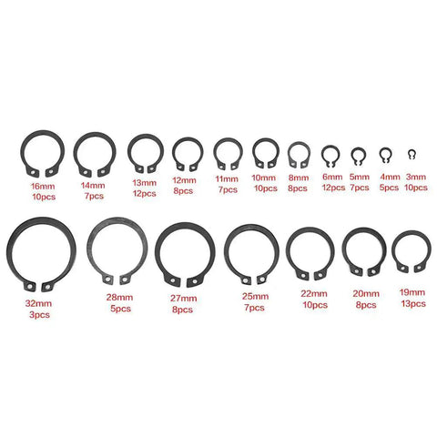 Retaining Ring Circlip Kit With 18 Sizes And 150 Pieces Boxed Set for easy secure snap installations and long lasting metal wear resistant performance.