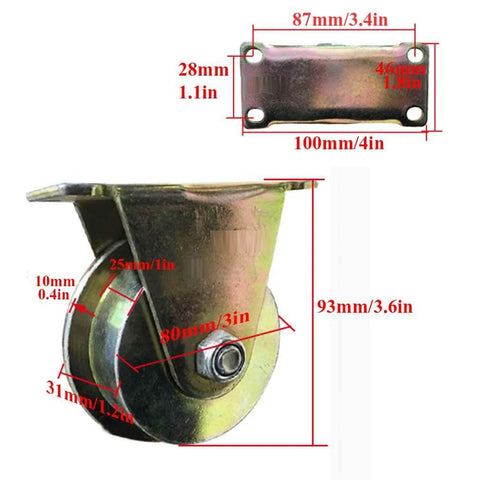Close-up of 4 Pack T Type Sliding Gate Rollers with T Groove Wheel, 80mm wheel size, carbon steel material with dimensions shown.