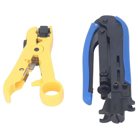 Pro Grade Coaxial Cable Crimp And Strip Kit with yellow and black tools, adjustable F head for RG6 RG59 RG11, steel blades, 10 connectors
