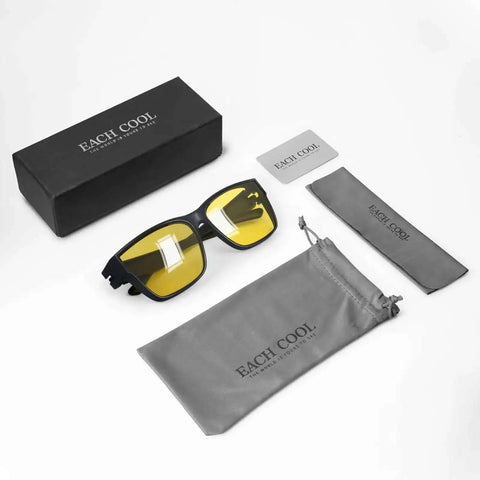 Overnight Driving Glasses For Men And Women With Matte Black Frame, Polarized Yellow Lenses For HD Night Vision, Anti Glare And UV 100% Protection, Fits Over Prescription Glasses, Safe Night Driving with box and accessories