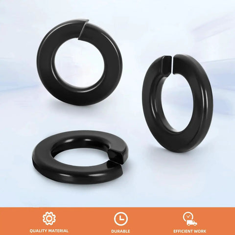 Lock washers, front, side and top views; set of 3, black finish, stainless steel 18-8 (304)